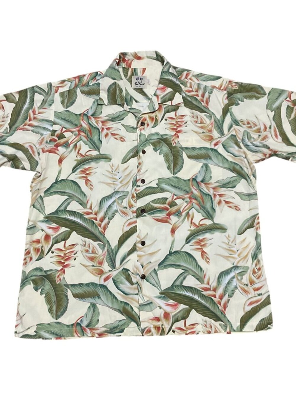 Vintage Pau Hana Hawaiian Shirt Sz L Floral Beige Green Made in Hawaii USA